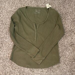 aerie Olive Ribbed Henley Long Sleeve Tee